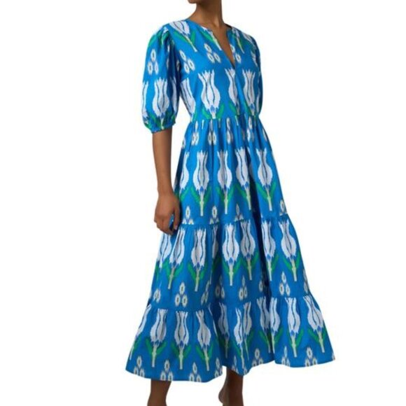 Oliphant Printed Tulip Puff Sleeve Maxi Dress in Blue Size M 100% cotton - Picture 3 of 10